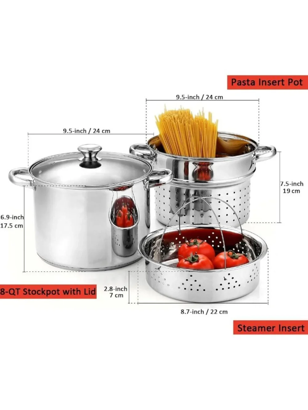 8 Quart Stainless Steel Pasta Pot with Strainer Lid - 3-in-1 Cooking Essential